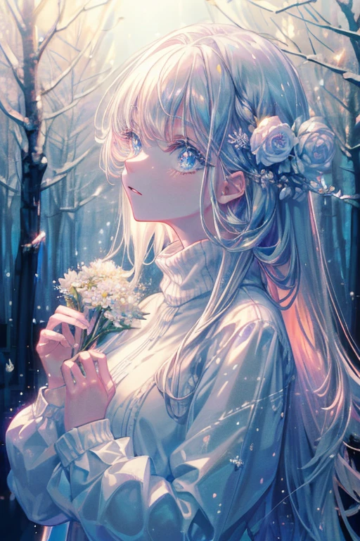 (masterpiece、8k、highest quality)、(Soft Light:1.3), Detailed face, Fine grain, dress, Beautiful digital artwork, landscape, Backlight, Lots of flowers, forest, Sparkling eyes, Winters, warm, warm light, snow