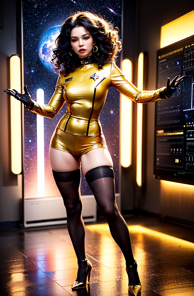 (best quality,4k,8k,highres,masterpiece:1.2), ultra-detailed, (realistic,photorealistic,photo-realistic:1.37), HDR, UHD, studio lighting, sharp focus, physically-based rendering, extreme detail description, professional, vivid colors, (((full body pose))), ((21 year old), (((black girl))), beautiful detailed eyes, beautiful detailed lips), ((wearing red Star Trek short skirt uniform, black pantyhose):1.1), (((standing on starship bridge (((with control panels and screens around))), holding phaser in right hand, tri-corder in left hand, ((confident, determined expression)), ((long curly black hair)), ((intergalactic space setting, stars and galaxies in the background)), vibrant and saturated colors, ((warm, golden tones)), ((soft, diffused light)), ((subtle reflections on the uniform and skin)), ((dynamic composition and energetic pose)), ((unique, fashion-forward accessories)), ((attention to skin texture and details))