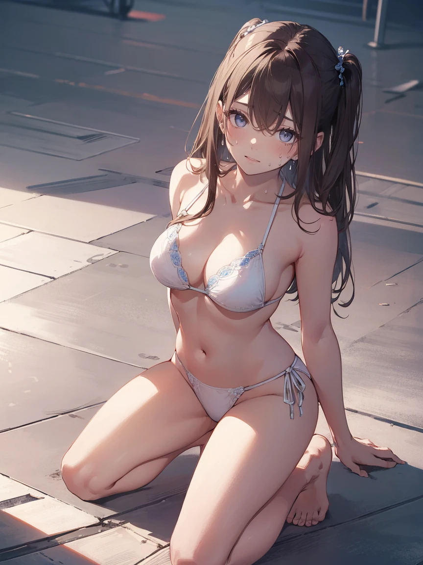 blue eyes,highest quality,High resolution,unity 8k wallpaper,(shape:0.8),(Beautiful and detailed:1.6),Detailed face,Perfect lighting,Detailed CG,(Perfect hands, Perfect Anatomy),Female students,White Bikini,Brown Hair,Two Side Up,Kneeling