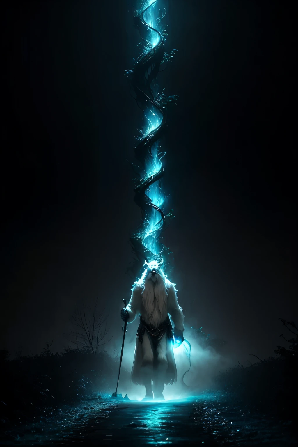 Picture a towering yeti, with an exquisitely slender build and extraordinary tall stature, standing solitarily in the heart of an abandoned rainforest road during a foggy moonlit night. His unusually long silken hair and thick fur cascade down his figure, glistening with the faint moonlight that filters through the dense foliage above. Despite the stillness of the scene, an aura of enigma and mystery surrounds the mythical creature, as if holding secrets long untold. The mist that swirls around him only adds to his mythical allure, the moonlight illuminating his icy blue eyes that pierce the night with an otherworldly intensity.