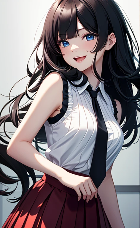 (masterpiece:1.4、top-quality、illustration:1.4,realistic、)、(character focus、breast focus,upper body:1.3)、(1girl),(Open mouth light smile:1.3),(half closed eyes),cute face,blue eyes、()、
,(stand:1.4),(Shining smile),
,(slender),(sleeveless white blouse,very short pleated miniskirt:1.3),
(black long hair:1.6,blunt bangs,),(), (small breasts:1.3)、
、slender、
