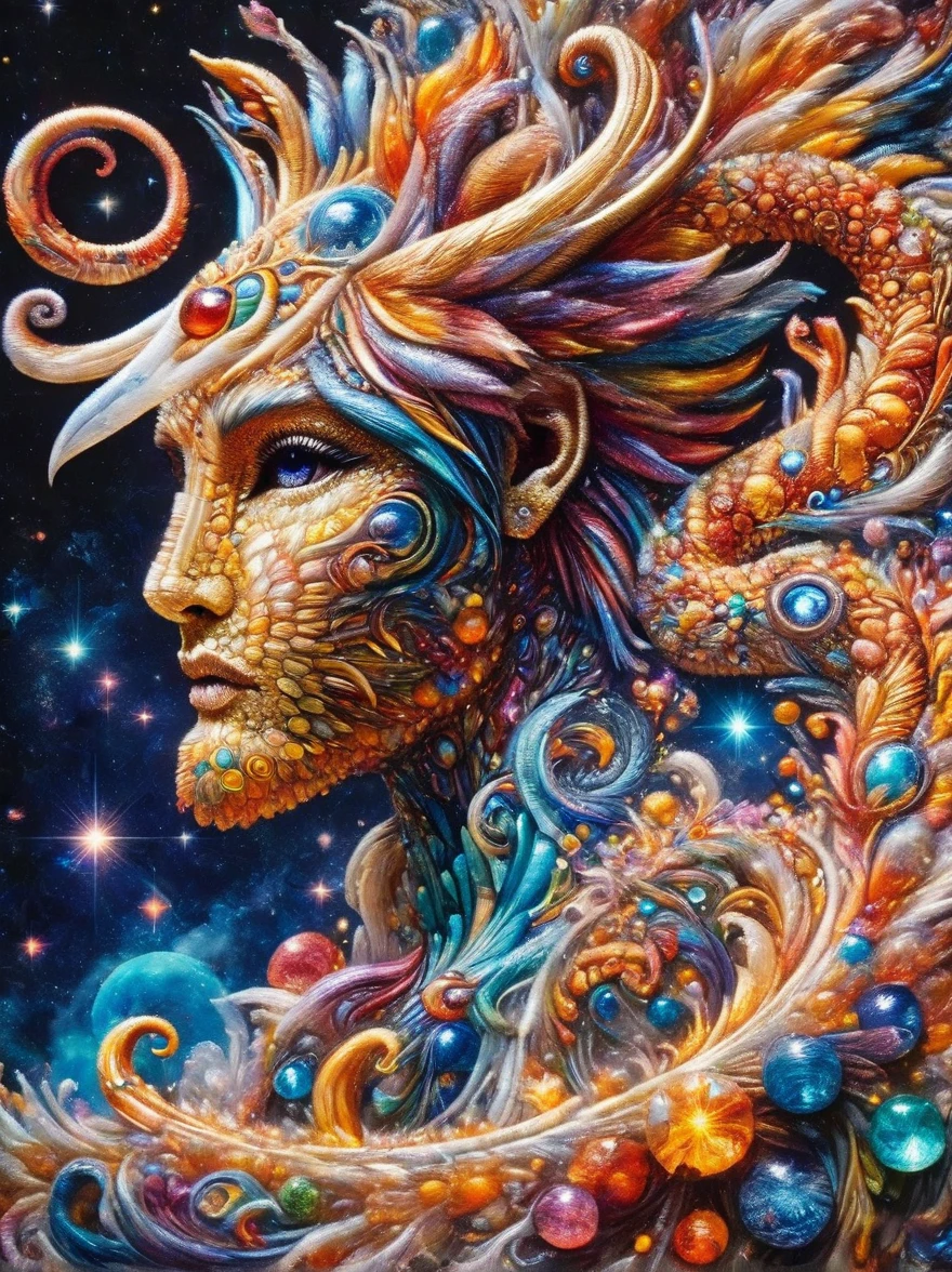 A majestic and powerful godlike serpent, twisting and coiling in ethereal movements, with scales shimmering in a myriad of colors. Its eyes are radiant, holding an ancient and inscrutable wisdom. The backdrop is a celestial plane, pulsating with energy and adorned with constellations. The serpent's aura radiates divine energy and its countenance holds utter sovereignity over its celestial domain.