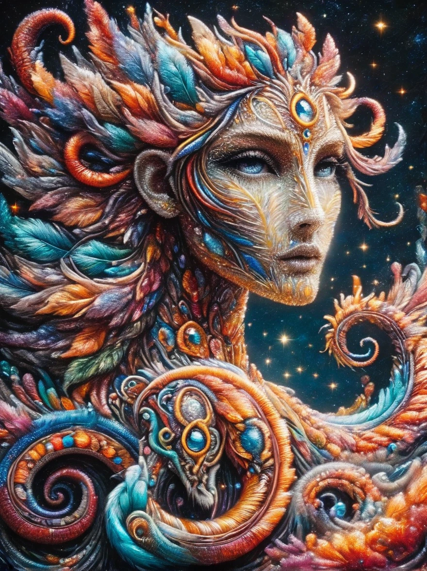 A majestic and powerful godlike serpent, twisting and coiling in ethereal movements, with scales shimmering in a myriad of colors. Its eyes are radiant, holding an ancient and inscrutable wisdom. The backdrop is a celestial plane, pulsating with energy and adorned with constellations. The serpent's aura radiates divine energy and its countenance holds utter sovereignity over its celestial domain.