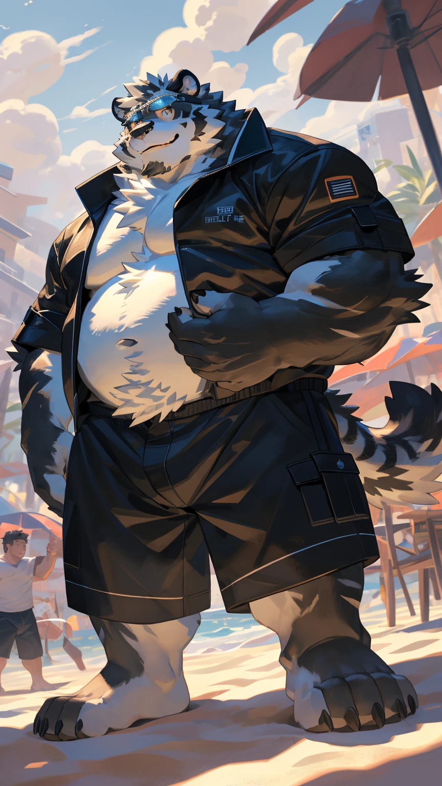 Solitary, ((Fluffy fur, Fluffy, hairy body)), detailed Fluffy fur, Delicate face, delicate Eye, Dynamic poses, (Ultra Detailed), Clear focus, Genji, Eye, hairy, (Gray-black fur:1.5), White beard, human nature (black tiger), chest hair,male, middle aged, White belly, Increase chest muscles(((muscular))), (endomorph body type:0.4), Not too fat, rest ((Black jacket,sunglasses,Black swimming trunks,Exposing breasts)), ultra Delicate face, High Detail, high quality, (best quality,4K,8k,high resolution,masterpiece:1.2), (close up:1.3), author:Takemoto Arashi, From kulplant, author:The ghost of emptiness, From raccoon21, Dynamic Lighting, Smile, (whole body:1.4), Looking at the audience, eternity, close up肖像, indoorhigh resolution, Hold your belly with your hands, Detailed hands,Beach