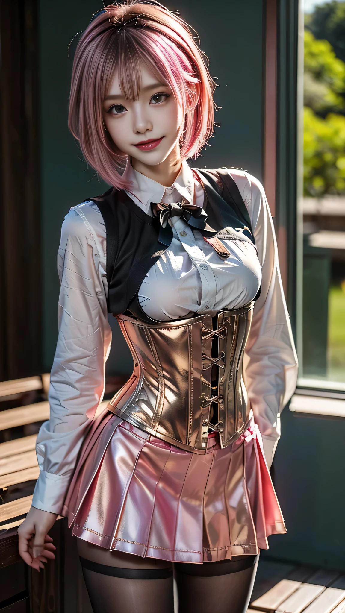 ((school uniform)), (Jumper skirt), ((corset)), (View your viewers),  sexy, ((alone)), (1 female), ((Age 25)), ((highest quality)), ((masterpiece)), (Familiar),   Perfect Face, 8k , (Cowboy Shot),  short hair, (((Pink Hair 1.5))), Bobcut, black eye, Beautiful Princess, smile, Thin thighs, Medium chest, Perfect limbs, ((Metallic costumes)),  sexy, Are standing,