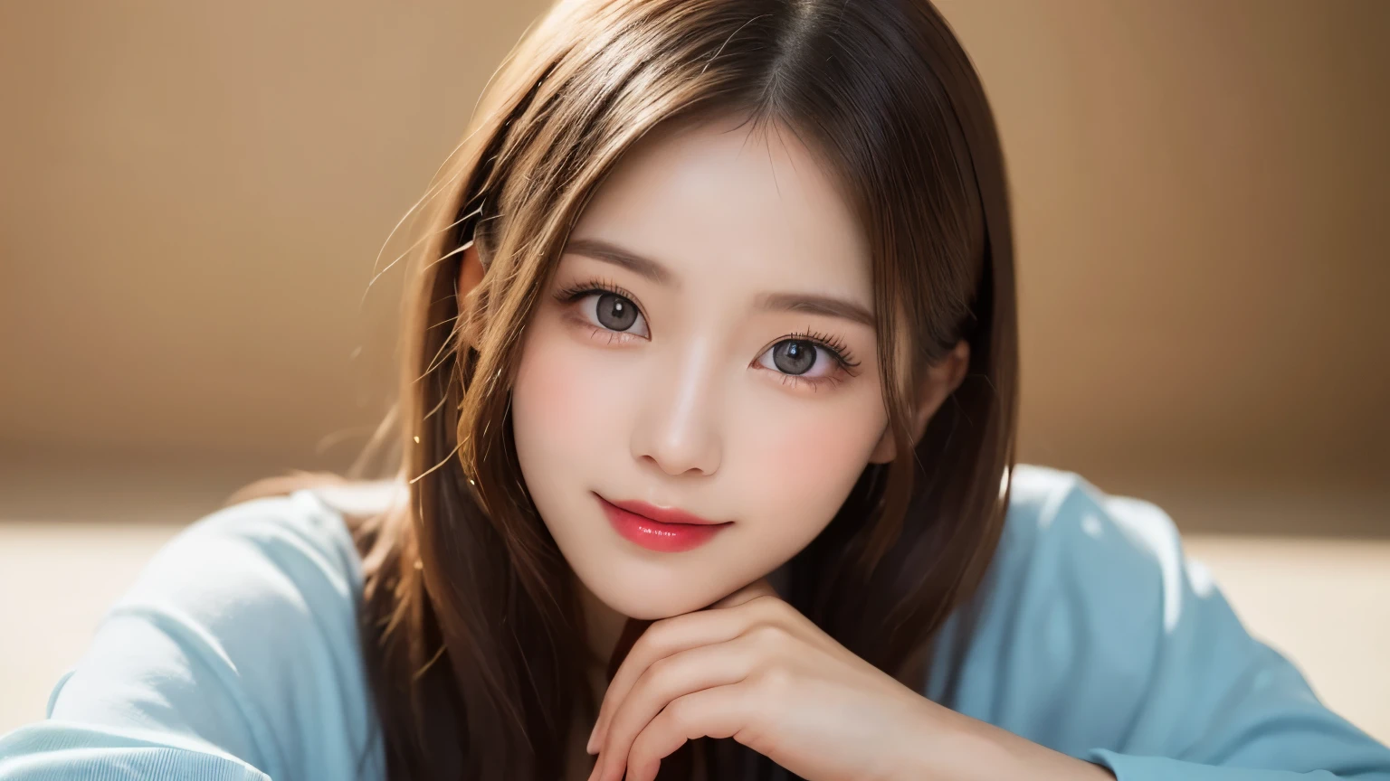 on the table, best quality, shape, Ultra Detailed, Finely, high resolution, 8k wallpaper, 完璧なダイナミックな構shape, Beautiful and delicate eyes, Medium Length Hair, Small Breasts, Natural lipstick, Casual sexy pose,Smile,20 year old girl、midnight、Beautiful and detailed face、Perfect beautiful face,big eyes、original photo、Use the whole body to express the feminine posture、Beautiful and delicate eyes、Small face、Beautiful duplex、Facelift and style,skirt、Beautiful golden ratio face,Long hair