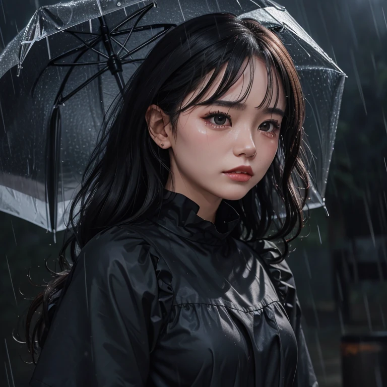 1grill, crying in rain, midnight, perfect facial features, black frock, chies