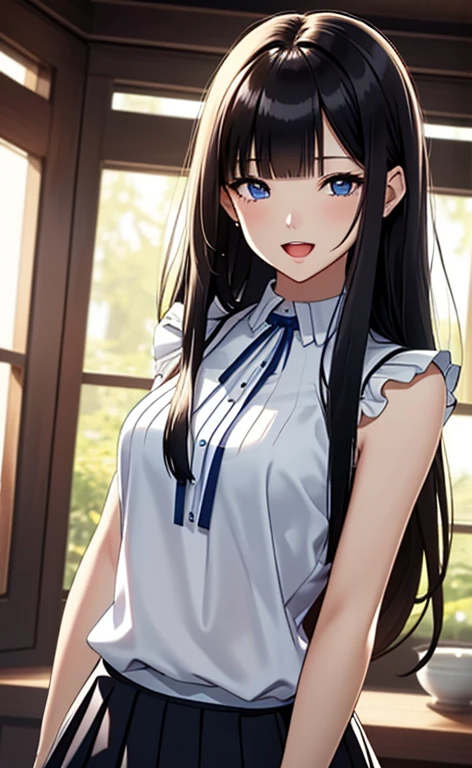 (masterpiece:1.4、top-quality、illustration:1.4,realistic、)、(character focus、breast focus,upper body:1.3)、(1girl),(Open mouth light smile:1.3),(half closed eyes),cute face,blue eyes、()、
,(stand:1.4),(Shining smile),
,(slender),(sleeveless white blouse,very short pleated miniskirt:1.3),
(black long hair:1.6,blunt bangs,),(), (small breasts:1.3)、
、slender、