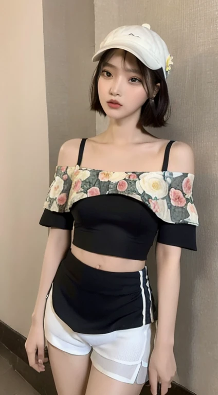 ((highest quality, 8k, masterpiece: 1.3)), (Flower Cap: 1.3), concentrated: 1.2, Perfect body beauty: 1.4, Hips: 1.2, (Layered Haircut: 1.2)), (Dark Street: 1.3), Highly detailed face and skin texture, whole body, Delicate eyes, double eyelid, White skin, Long Hair, (Round face: 1.5), (loose crop top, Shorts: 1.6)、Illumination Date、Cool boyfriend