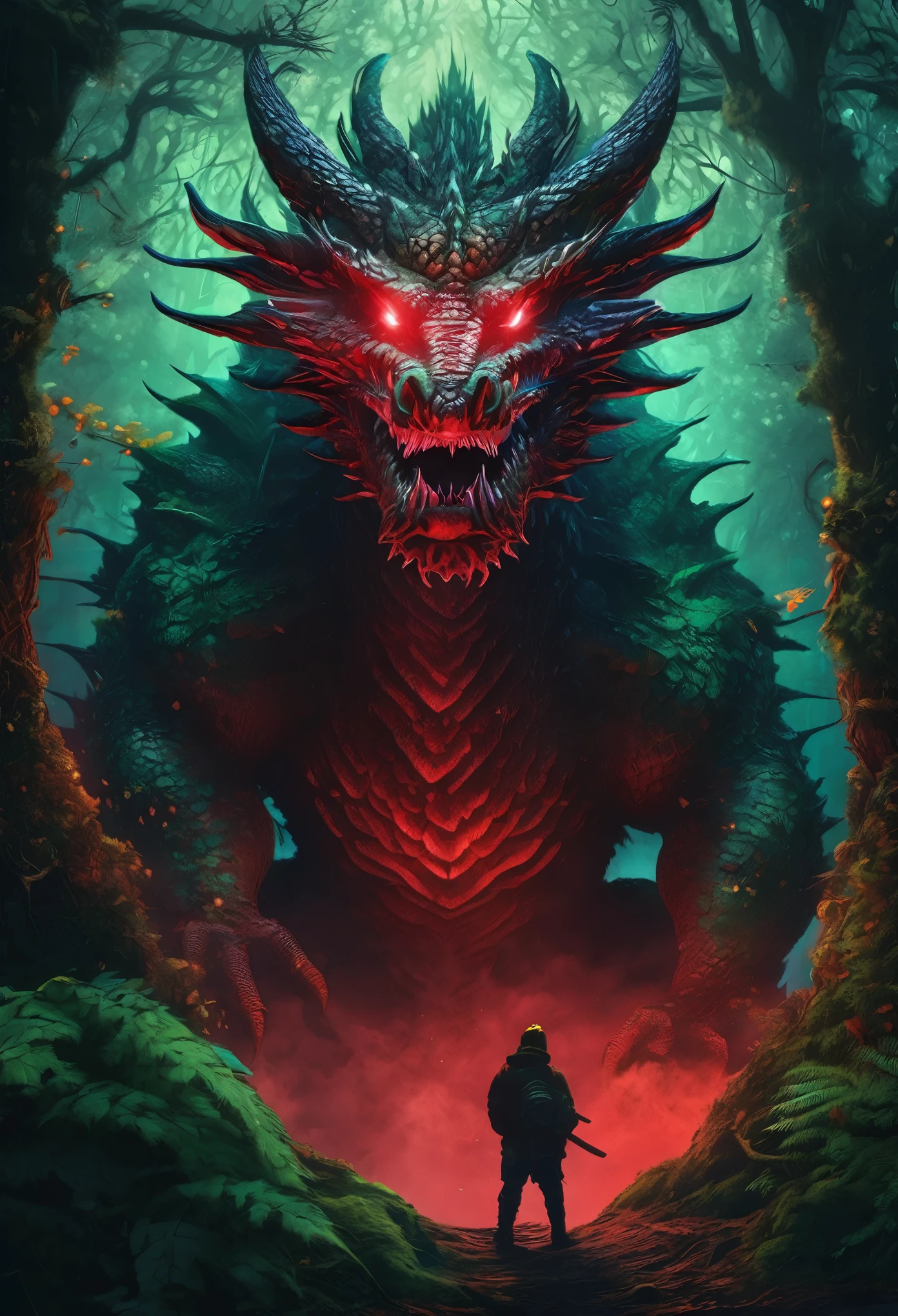 facing to the viewer, Mystical giant looks like a giant dragon dracarys (((gentle creature made of mist))), insane huge size, intricate patterns of red in its dark green fur, in a dark scary highly detailed forest, surrounded by birds. Night forest scene, 