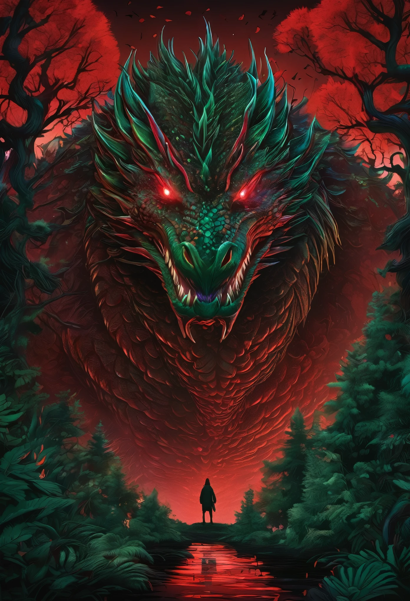 facing to the viewer, Mystical giant looks like a giant dragon dracarys (((gentle creature made of mist))), insane huge size, intricate patterns of red in its dark green fur, in a dark scary highly detailed forest, surrounded by birds. Night forest scene, bioluminiscence, a tiny warrior in front of the monster Dragon,