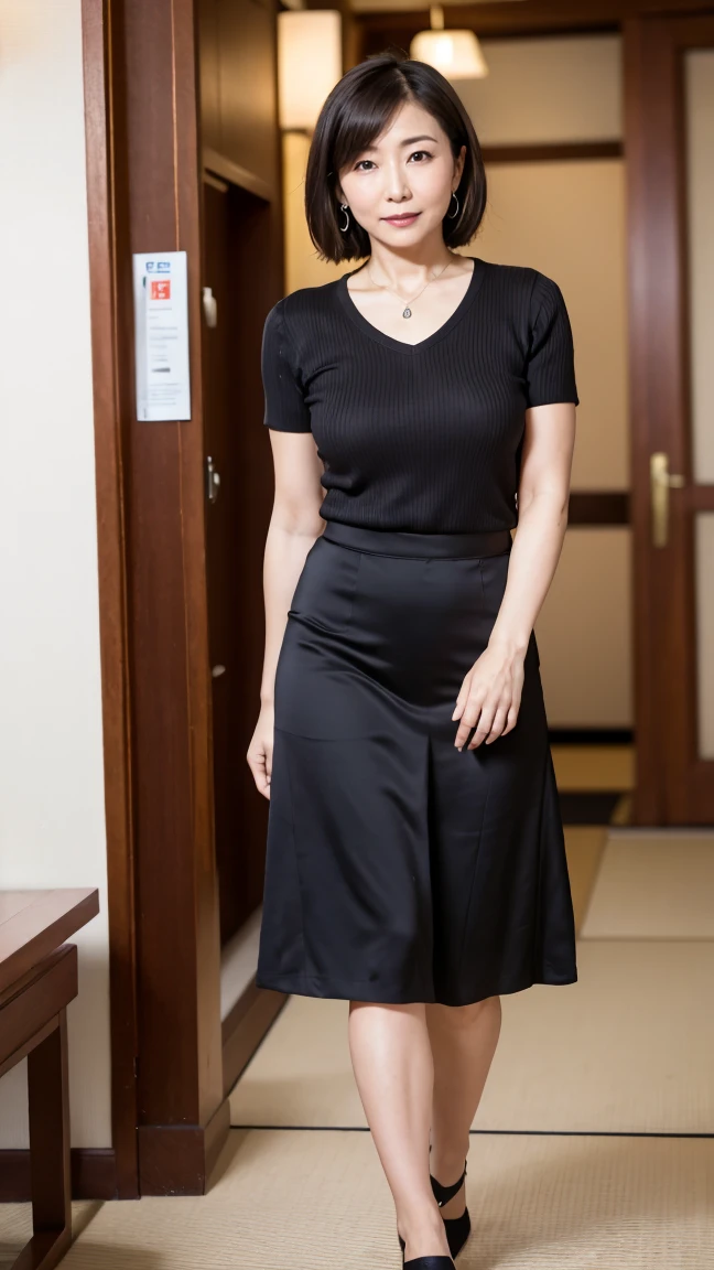 High resolution, highest quality, masterpiece, Textured skin, Anatomically correct, sharp, (((Full body photo))), (Shooting from the side), (Alone in the hotel lobby), (walking), ((Japanese Mature, 42 years old)), Nasolabial folds, Black straight hair, Medium Hair, (A little chubby:0.8), Shapely small breasts, (Looking at the camera), Serious expression, (Business look), ((teacher)), Ribbed sweater, V-neck, Short sleeve, Formal tight skirt, pumps, necklace, Earrings