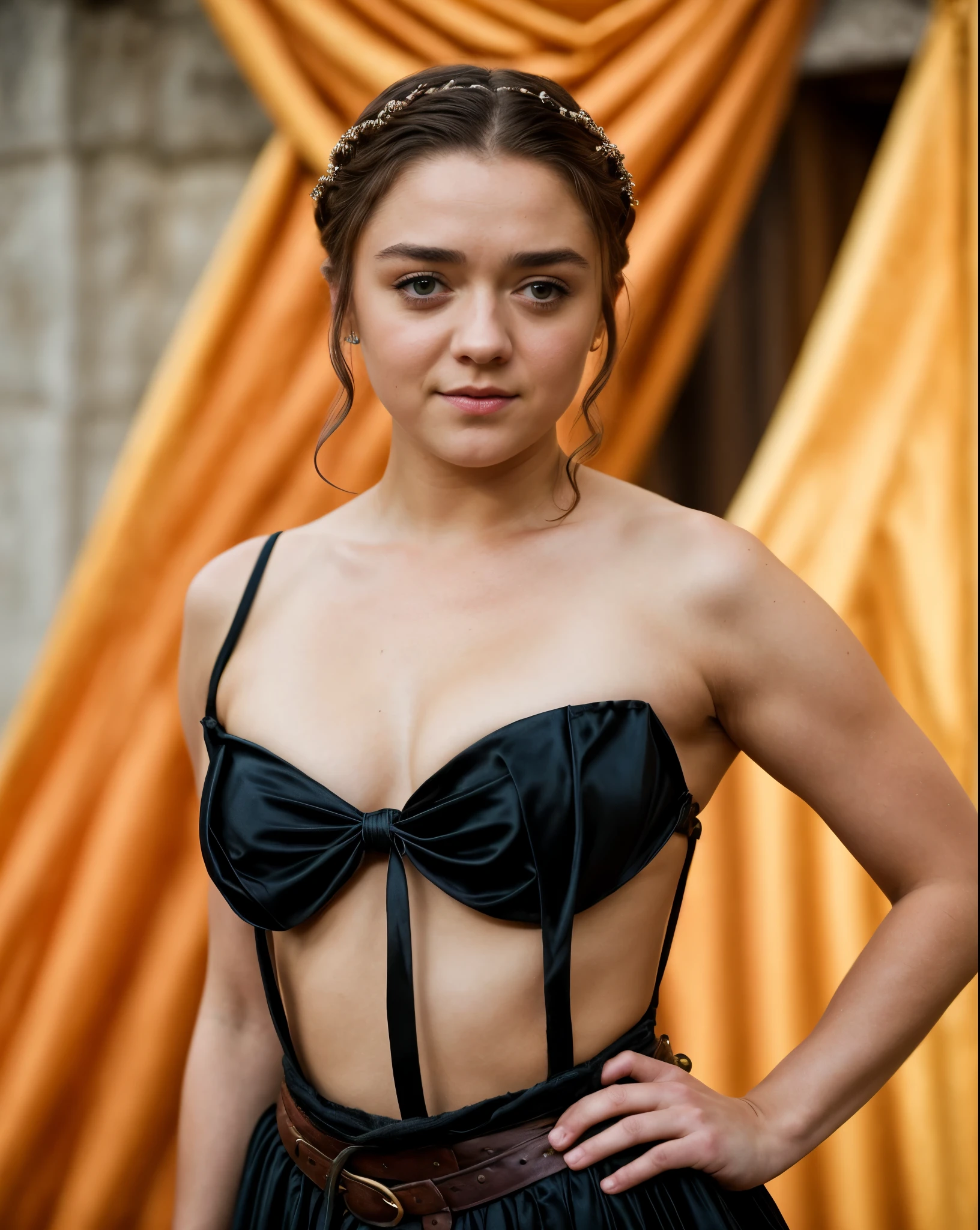 Foto RAW, Arya Stark, Extremely gorgeous lady, Arya Stark PLAYED BY MAISIE WILLIAMS, Queen Arya Stark, she  a mature woman now, milf, sexy mediaeval battle dress, gladiator woman, body, 40 years old Woman, body revealing costumes, perky breast, big natural breast, erotic costumes, lusty physique, seductive figure can capture every people's attention, Game of thrones costumes, revealing captivating figure, Mediaeval costumes, revealing clothes, A tomboy, she would rather fence than dance, warrior queen , game of thrones screen caps, Game of Thrones Series, (pele altamente detalhada: 1.2), 8k UHD, DSLR, soft-lighting, alta qualidade, grain of film, Fujifilm XT3, flawless picture, highly detailed, detailed Beauty, intricate, 32k, sharp picture,