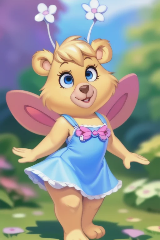 butterbear, bear, antennae_(anatomy), insect_wings, short stack, breasts, cocktail dress, blue eyes, looking at viewer, 3 toes , showing feet, uploaded on e621, (detailed background, depth of field), (intricate:1.1), (high detail:1.2), (soft focus), (masterpiece, best quality, 4k, 2k, shaded, absurd res), by Chunie, by CyanCapsule, by Hallogreen