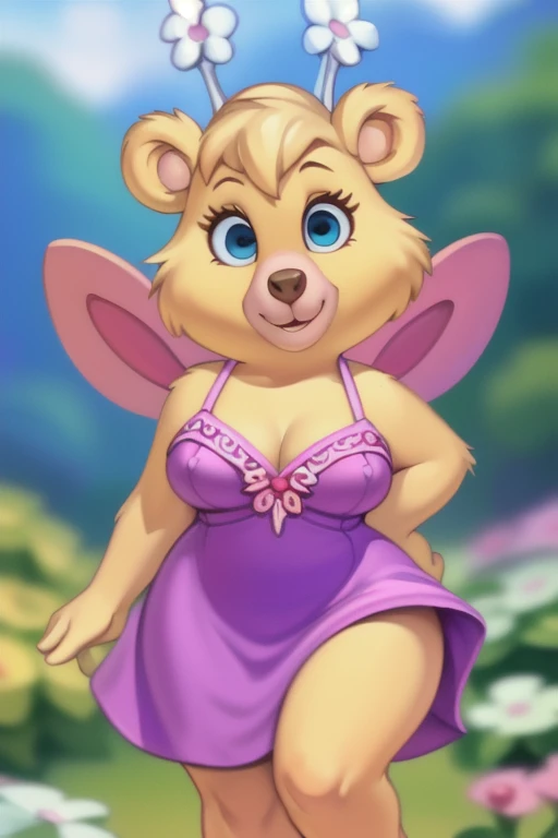 butterbear, bear, antennae_(anatomy), insect_wings, short stack, breasts, cocktail dress, blue eyes, looking at viewer, 3 toes , showing feet, uploaded on e621, (detailed background, depth of field), (intricate:1.1), (high detail:1.2), (soft focus), (masterpiece, best quality, 4k, 2k, shaded, absurd res), by Chunie, by CyanCapsule, by Hallogreen