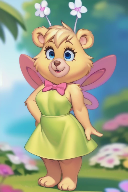 butterbear, bear, antennae_(anatomy), insect_wings, short stack, breasts, cocktail dress, blue eyes, looking at viewer, 3 toes , showing feet, uploaded on e621, (detailed background, depth of field), (intricate:1.1), (high detail:1.2), (soft focus), (masterpiece, best quality, 4k, 2k, shaded, absurd res), by Chunie, by CyanCapsule, by Hallogreen