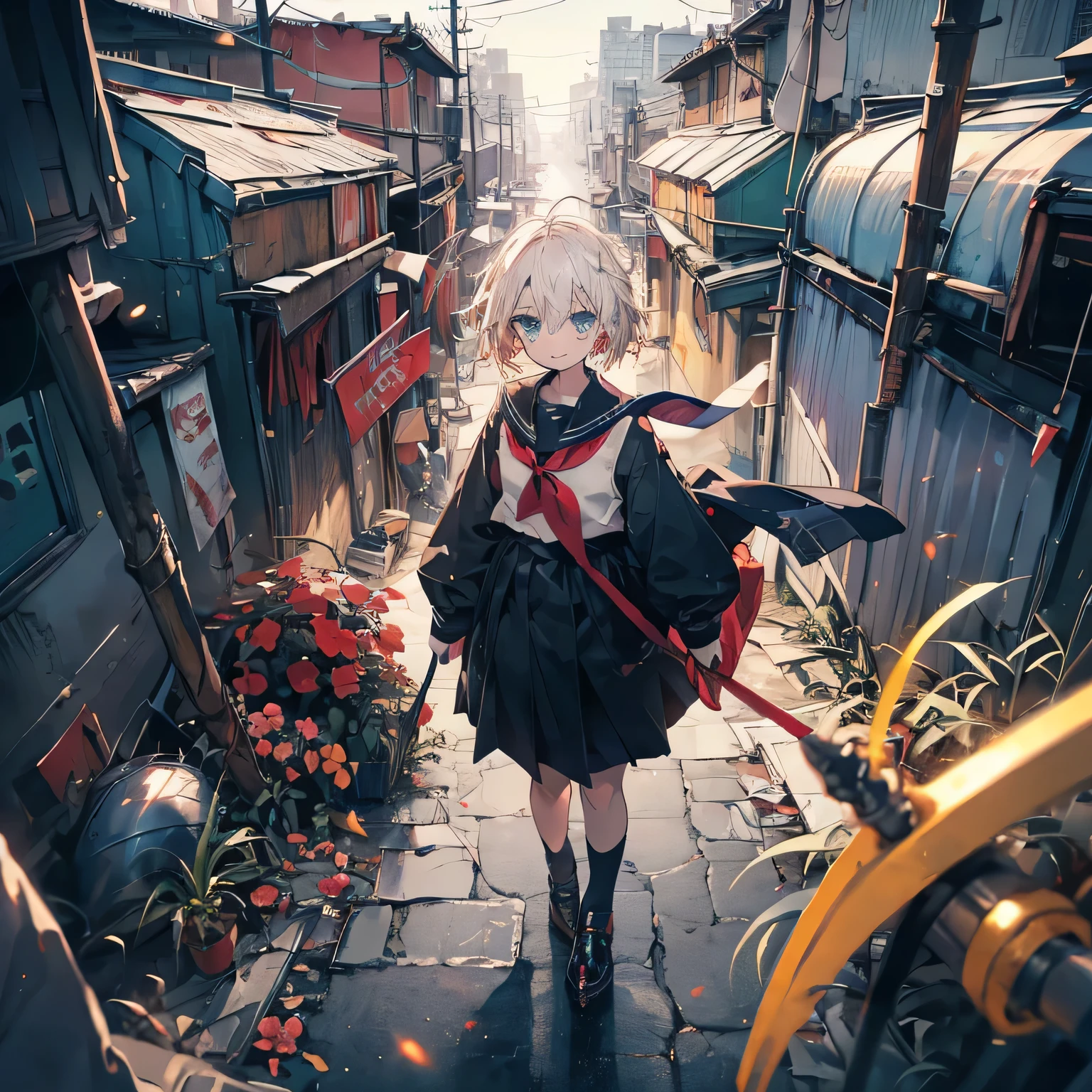 quality\(8k,wallpaper of extremely detailed CG unit, ​masterpiece,hight resolution,top-quality,top-quality real texture skin,hyper realisitic,increase the resolution,RAW photos,best qualtiy,highly detailed,the wallpaper,cinematic lighting,ray trace,golden ratio\), BREAK ,solo,1woman\(cute, kawaii,,skin color white,pale skin,smile face,hair floating,hair color blond,short bob hair,eye color cosmic,big eyes,black sailor uniform,walking,view from above:1.8,long shot\),background\(outside,messy slum,view from above,long shot,long view\),(please generate hand correctry when generating hand)