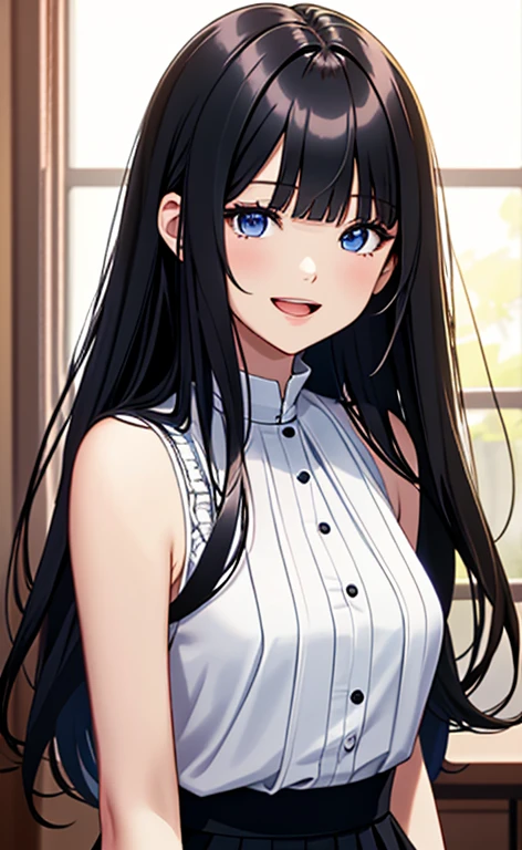 (masterpiece:1.4、top-quality、illustration:1.4,realistic、)、(character focus、breast focus,upper body:1.3)、(1girl),(Open mouth light smile:1.3),(half closed eyes),cute face,blue eyes、()、
,(stand:1.4),(Shining smile),
,(slender),(sleeveless white blouse,very short pleated miniskirt:1.3),
(black long hair:1.6,blunt bangs,),(), (small breasts:1.3)、
、slender、