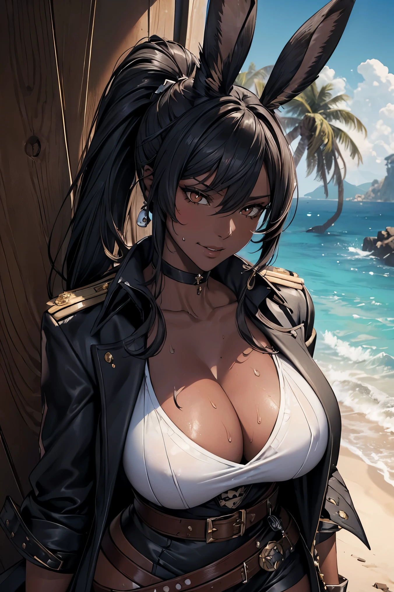 (masterpiece), best quality, highly detailed faces, (SHARP details), 4k, highly detailed, expressive eyes, SHARP detail expressive eyes, (SHARP detail perfect face), ((dark skin)), (bunny ears), (viera), ((black hair)), (choker) amber eyes, ponytail, wild tomboy hair, (large breasts), smiling, standing, (wearing pirate outfit), 20 years old, deep cleavage, ((solo)), nice hips, curvy, tall woman, ((sweat)), outdoors, island, shipwreck, white dress shirt, (black pirate coat), black coat, thighhigh boots, (pirate), ((saber)), sword, belt, pirate gun in belt, black shorts, piercings, jewelry, (female pirate captain), earrings on bunny ears, 