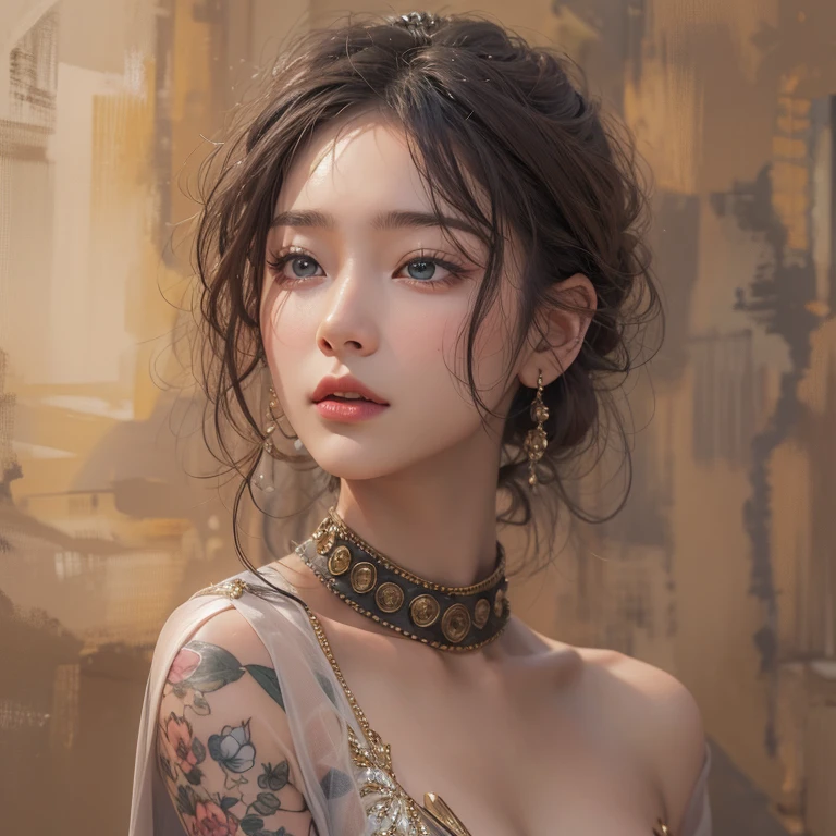 desert、Hair flows、 ((highest quality、masterpiece、8k、best image quality、ultra high resolution、Award-winning work)、(close-up of woman's face:1.35)、(close-up of naked face:1.3)、(accurate anatomy:1.1)、(look at me and smile:1.1)、Shining fair skin with ultra high resolution、most detailed face、ultra high resolution detailed face、ultra high resolutionの髪の毛、(ultra high resolutionの煌めく瞳:1.1)、Beautiful face drawn in every detail、(blurred background:1.1)、ancient Islamic clothes, chest together, tattoo, Old ruins in the background、