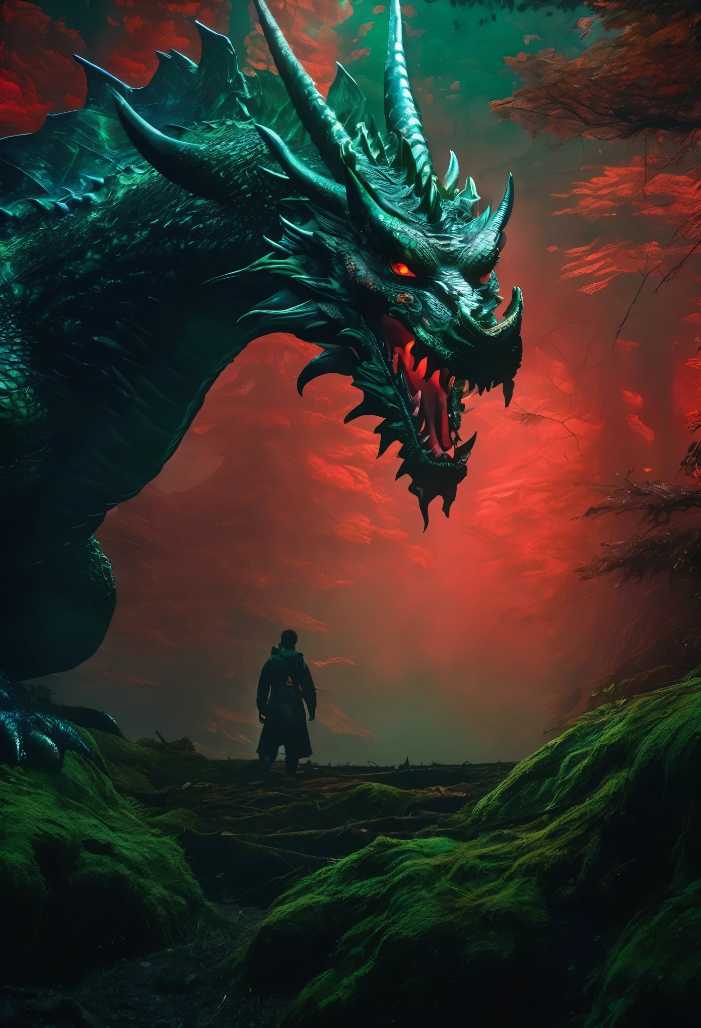 facing to the viewer, Mystical giant looks like a giant dragon dracarys (((gentle creature made of mist))), insane huge size, intricate patterns of red in its dark green fur, in a dark scary highly detailed forest, surrounded by birds. Night forest scene, bioluminiscence, a tiny warrior in front of the monster Dragon, official motion poster, official movie poster, 