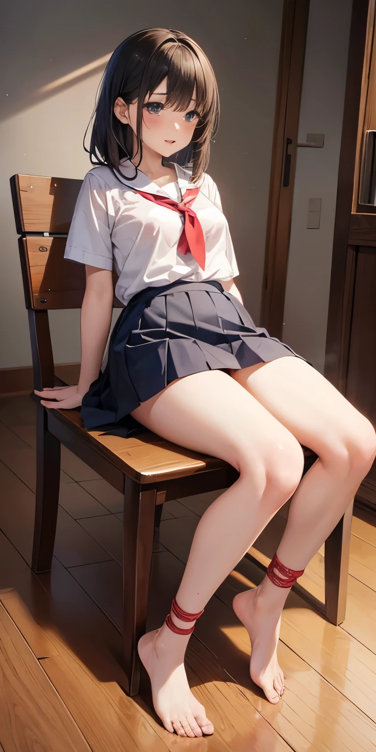 NSFW,masterpiece、最高masterpiece、girl、high school girl、Wearing 、Both wrists are hung from the ceiling by ropes、Ecstasy Face、Mouth open、Pleated skirt、M-shaped legs、Both ankles are tied with rope、Sitting on a wooden chair、underwear is on the floor、Carefully drawn underwear、Red underwear、Gorgeous Underwear、White fluid leaking from the vagina、The floor is slightly wet