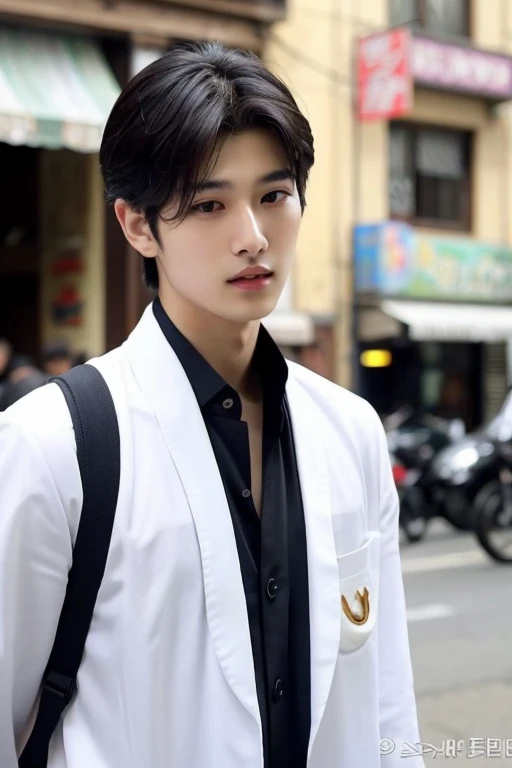 ((best quality)), ((masterpiece)), (detailed), perfect face Arabian man in a white shirt standing on a street corner, good looking prince, good looking, a good looking, very good looking, hyung tae, that, Young Angel, Kim Do-young, good looking and elegant, Shin Jinyoung, Black hair yoongi, Zia, Jung Jae Hyun, Inspired by Zhang Han, extremely good looking, Taoist priest, good looking man mobile phone
