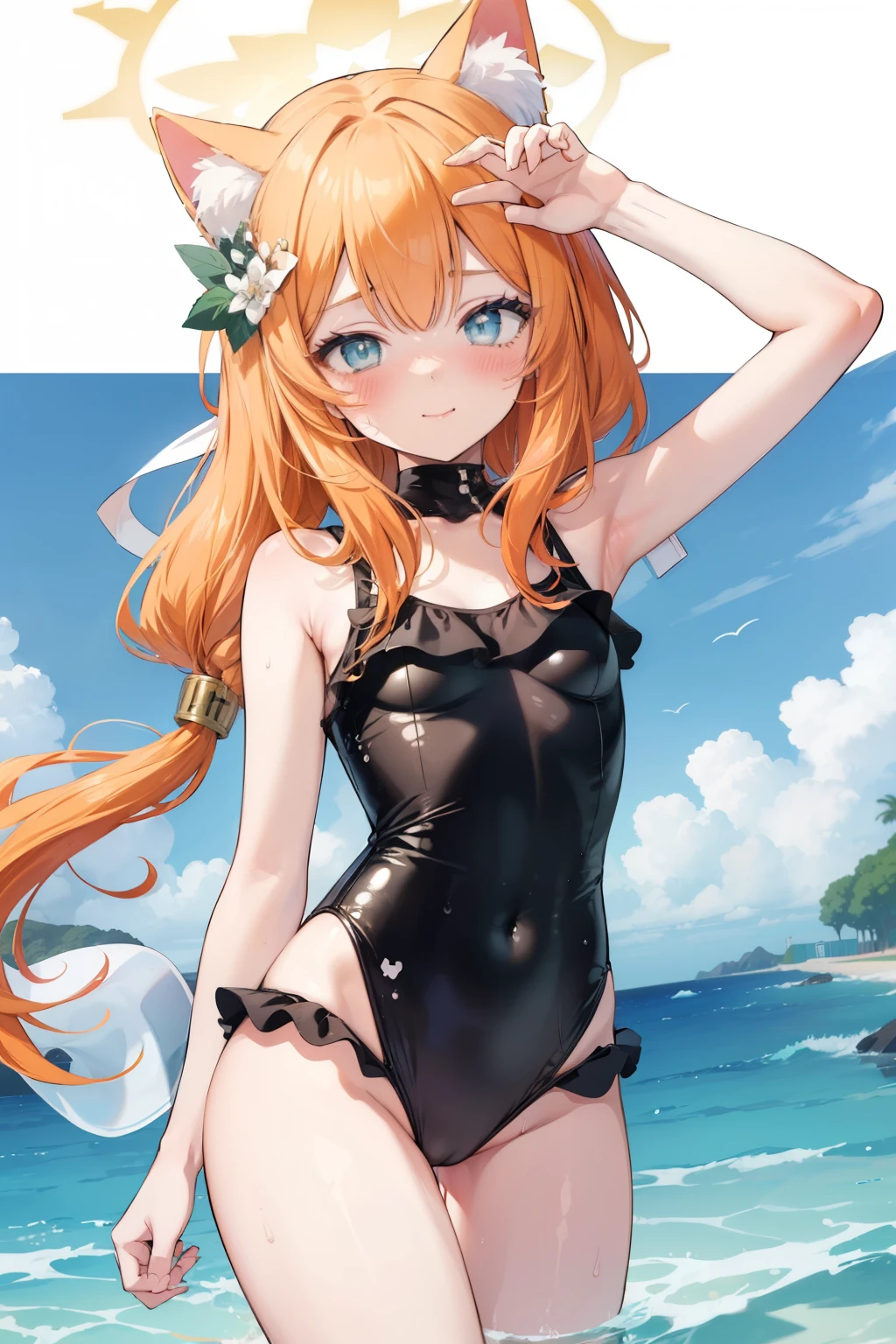 Marie Iraki、Good looking girl (blush, Perfect Face), independent , Looking at the camera, masterpiece, Anime art style, Cute Characters, Most detailed, high quality、Nico Nico Smile、She wears a sexy swimsuit、In underwear、Coming to the Sea、Show your armpits、Cat ear、Orange Hair、ta、Small breasts