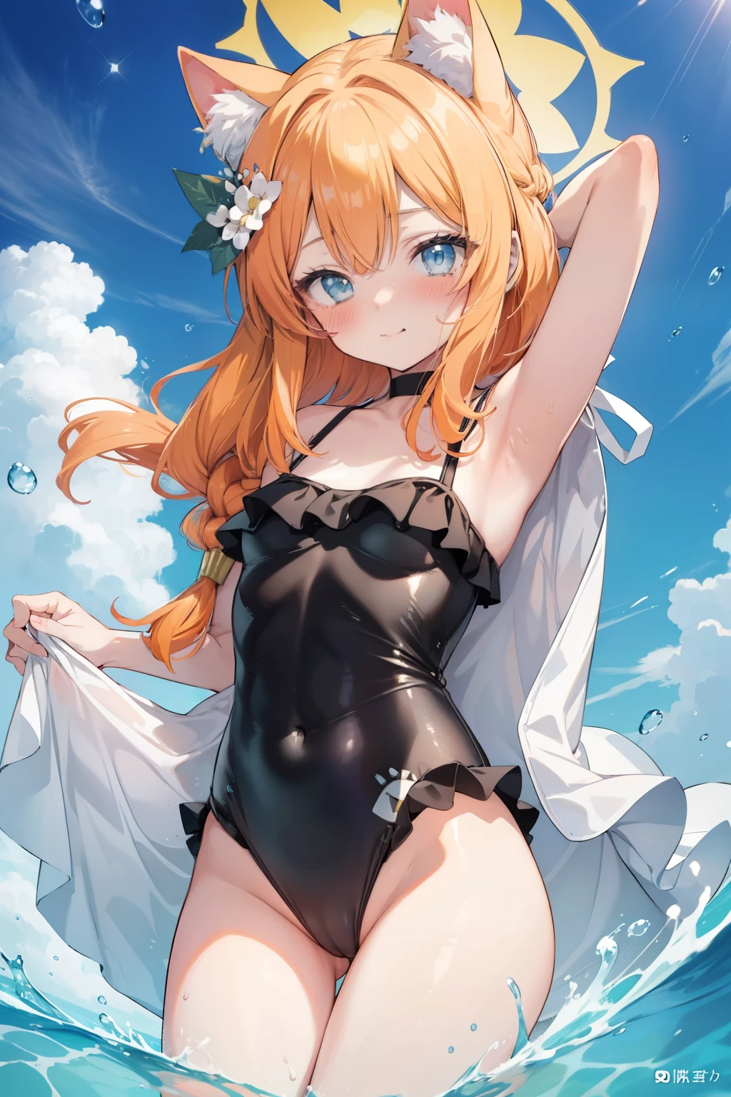 Marie Iraki、Good looking girl (blush, Perfect Face), independent , Looking at the camera, masterpiece, Anime art style, Cute Characters, Most detailed, high quality、Nico Nico Smile、She wears a sexy swimsuit、In underwear、Coming to the Sea、Show your armpits、Cat ear、Orange Hair、Lolita、Small breasts