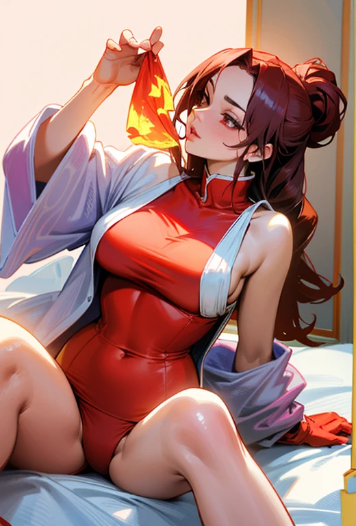 (best quality,4k,8k,highres,masterpiece:1.2),ultra-detailed,(realistic,photorealistic,photo-realistic:1.37),beautiful detailed eyes,pouty lips,expressive face,1girl,long,wavy hair,flawless porcelain skin,alluring gaze,captivating gaze,tight revealing outfit,bright vibrant colors,dynamic lighting,shadows and highlights,fire and smoke background,vibrant red and orange tones,anime art style,focus on character Mai Shiranui,sexy confident pose,sensuality,energy,intensity