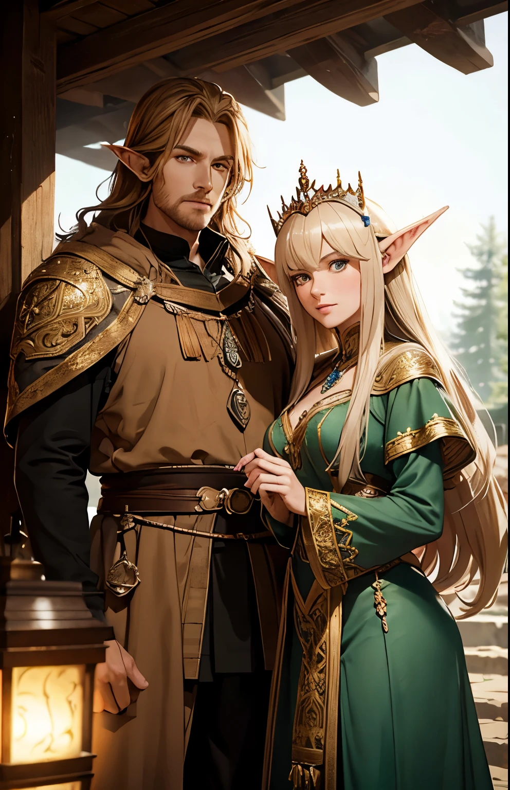 Wood elf king with his queen, looking at voewer, looking at camera, welcoming you, medieval, fantasy, detailed, cineatic lights, hd, ultra hd, light particles