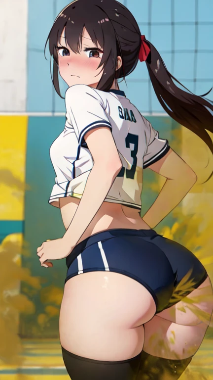 Horikita Suzune fart, on volleyball court, farting while playing volleyball, turns to look back, wearing volleyball jersey and booty shorts, asian girl, tomboy, stomach bloated, hands hugging stomach, pained expression, surprised and embarrassed, tears in eyes, blushing, beautiful and cute face, anime art style, fit body, tall and thin, side view
