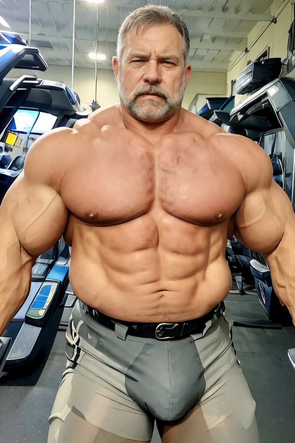 age 60, white man police detective with a mature, kind demeanor, strong and muscular yet chubby build, mustache, wearing police uniform, uniform shirt is open, buttoned-open translucent uniform that reveals a hairy chest and a noticeable bulge, wearing detective badge on belt, giving off a hint of a horny yet disgusting aura, completing the look with comfortable loafers.