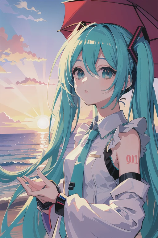 upper body,(masterpiece, top quality, best quality, official art, beautiful and aesthetic:1.2),(1girl),extreme detailed,(colorful:1.3),highest detailed,sunset,sea,hatsune miku,