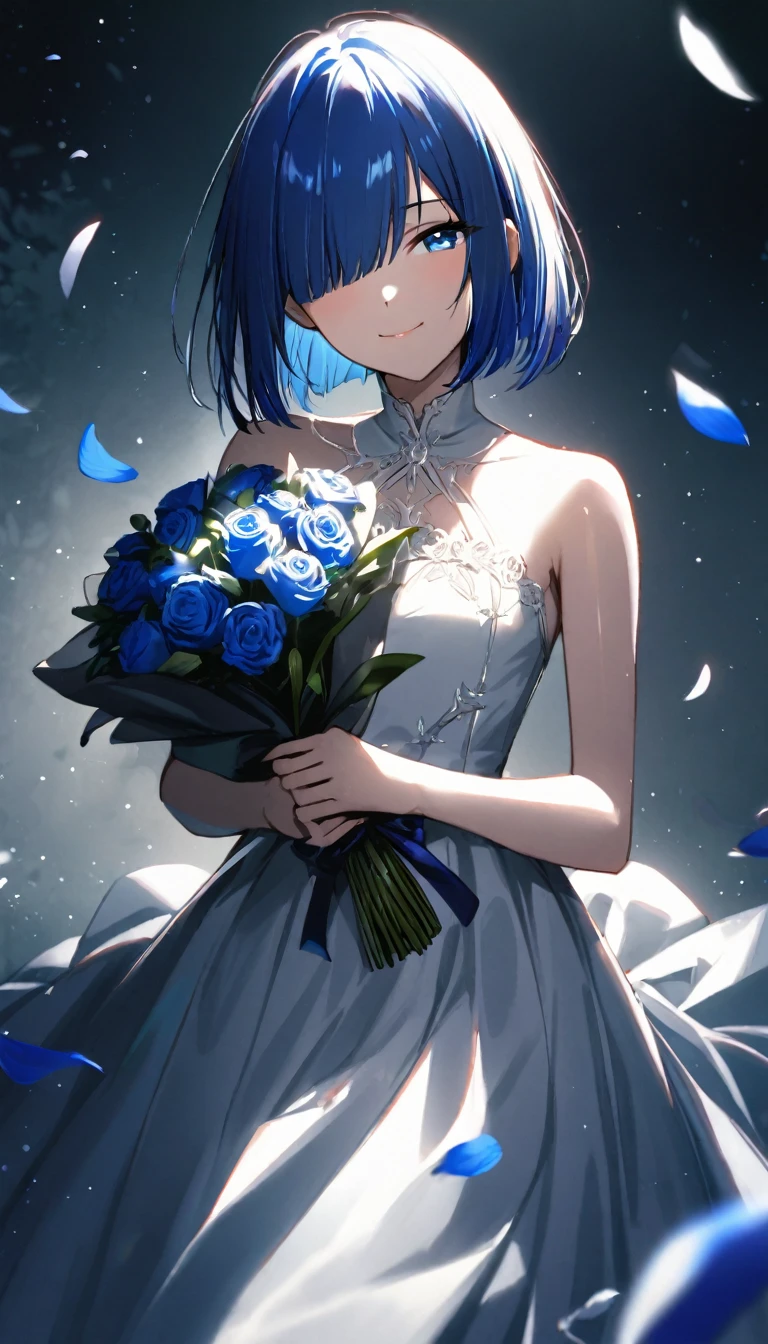 (solo girl:1.3)、(slender:1.3)、(shiny hair)、(straight hair),(ultramarine hair:1.1)、(bobcut:1.3)、(covering one eye:1.2)、(Small breasts:1.0)、(ultramarine eyes:1.1)、(irisless eyes:1.0)、half-closed eyes,Hold the bouquet and hand it to the viewer、White Gothic Dress、happy smile,closed mouth,cinematic lighting,Petals fluttering about、cowboy shot,