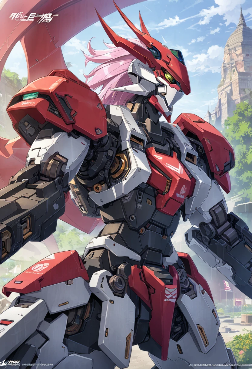 A man in his fifties with pink and white hair and a pink and white helmet, Detailed digital anime art, Best Anime 4K Konachan Wallpaper, アニメMecha aesthetics, Highly detailed digital art in 4K, robot mech woman dragon head, Wallop and Krentz Kuschaert, Highly detailed anime, Mecha aesthetics, Advanced Digital Animation Art