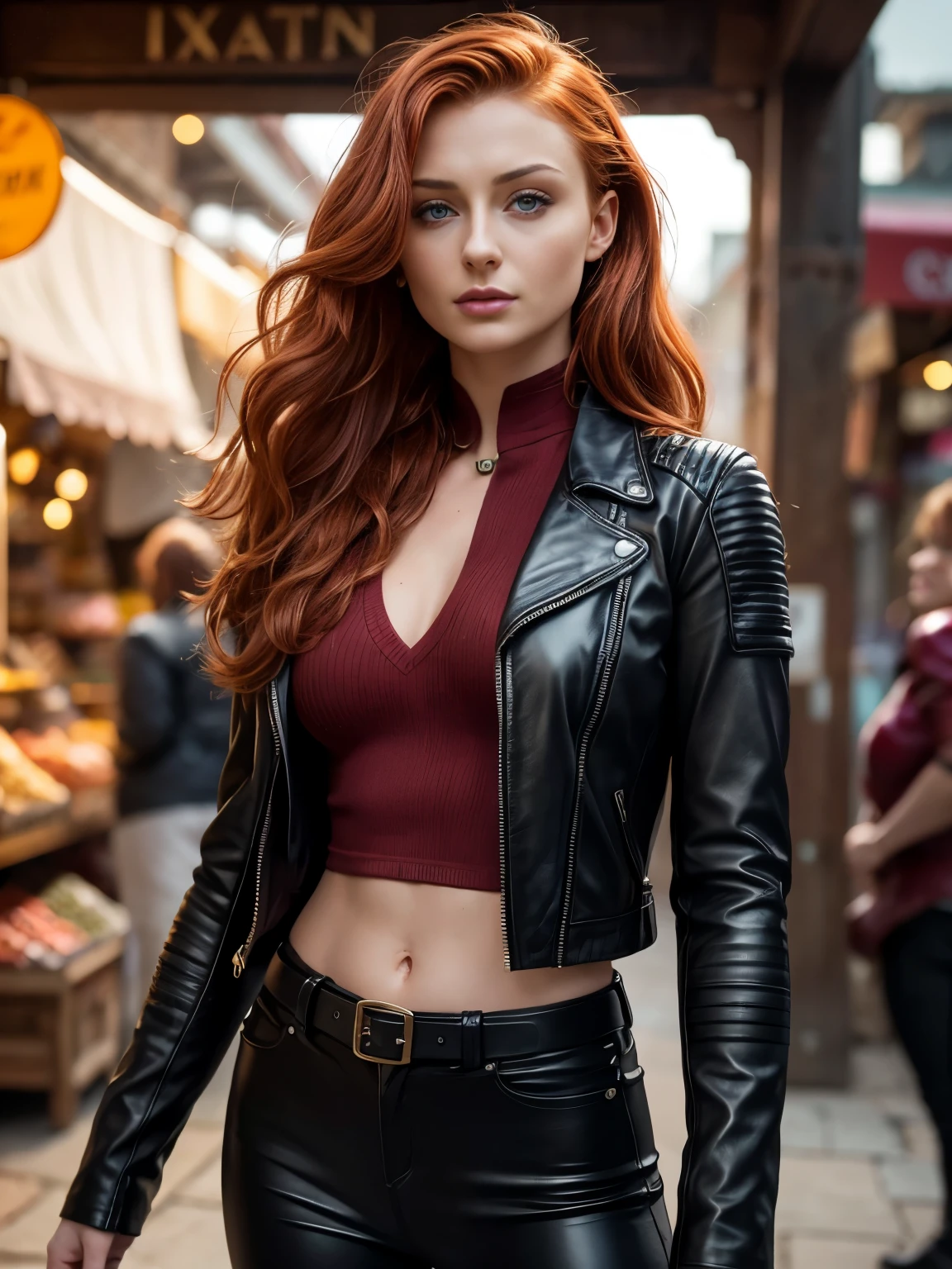 Super Detailed midbody image of Sophie Turner, red wavy hair, fierce look, leather jacket, standing in a turkish marketplace, perfect make-up, looking away from camera, cannon 6d, octane render, striking, smiling, happy, expressive look, alluring look, determined look, strong eyeliner, mesmerizing eyes, elegant, graceful, natural beauty, magnetic, charismatic, versatile, photogenic, backlit