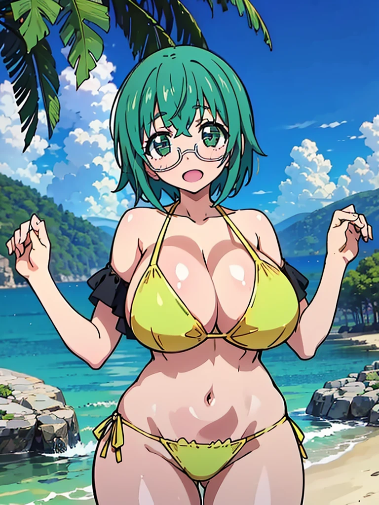 1girl, masterpiece, best quality, highres, high quality, maya yamada, short hair, (green eyes:1.3), green hair, glasses, semi-rimless eyewear, under-rim eyewear, tre anatomically correct, perfect body, tight thight, curvy, huge breasts, massive breasts, saggy breasts, Pretty face, perfect face, Reddening cheeks, ((Lewd)), heart-shaped pupil , (frilled bikini), sea side