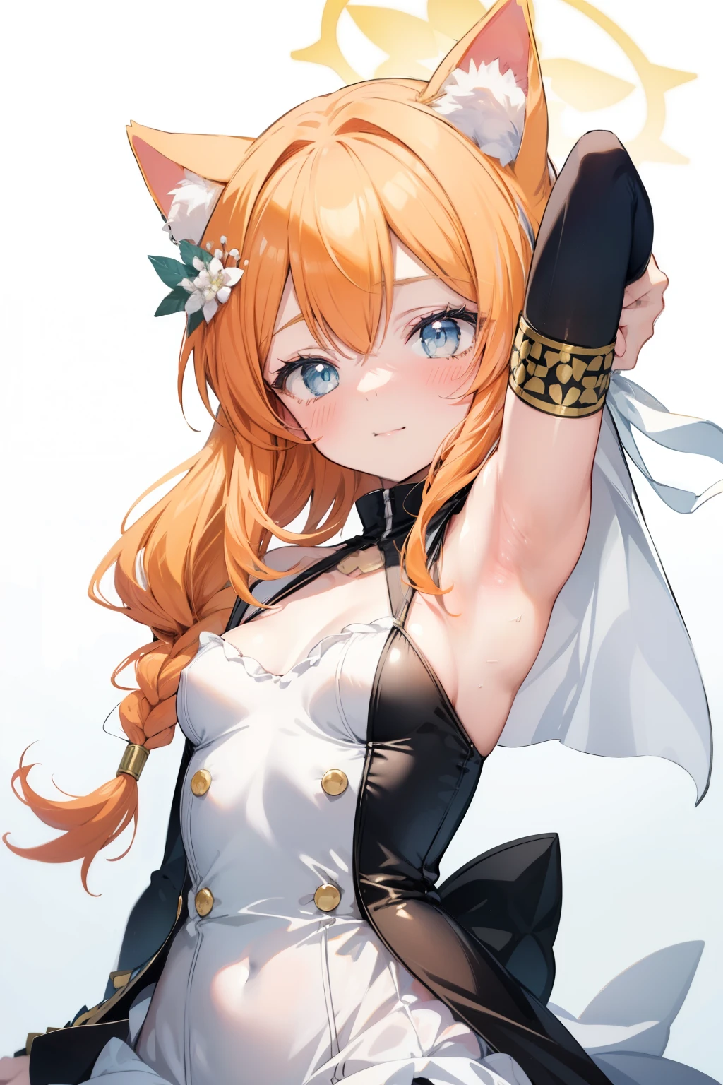 Marie Iraki、Good looking girl (blush, Perfect Face), independent , Looking at the camera, masterpiece, Anime art style, Cute Characters, Most detailed, high quality、Nico Nico Smile、Show your armpits、Cat ear、Orange Hair、Lolita、Small breasts