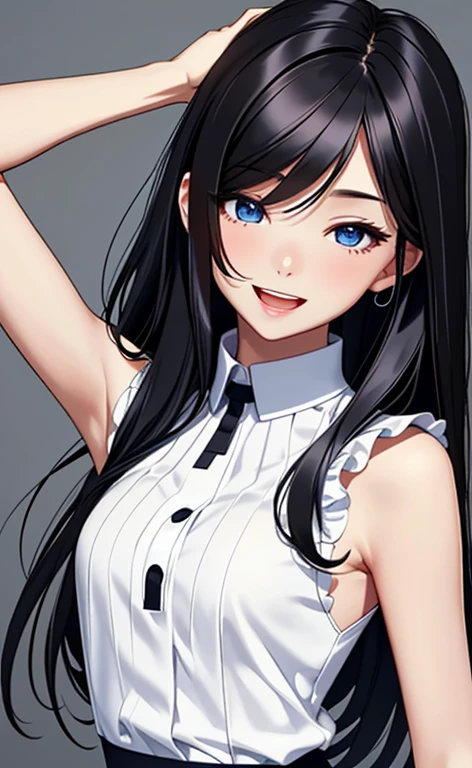 (masterpiece:1.4、top-quality、illustration:1.4,realistic、)、(character focus、breast focus,upper body:1.3)、(1girl),(Open mouth light smile:1.3),(half closed eyes),cute face,blue eyes、()、
,(stand:1.4),(Shining smile),
,(slender),(sleeveless white blouse,very short pleated miniskirt:1.3),
(black long hair:1.6,forehead,),(), (small breasts:1.3)、
、slender、