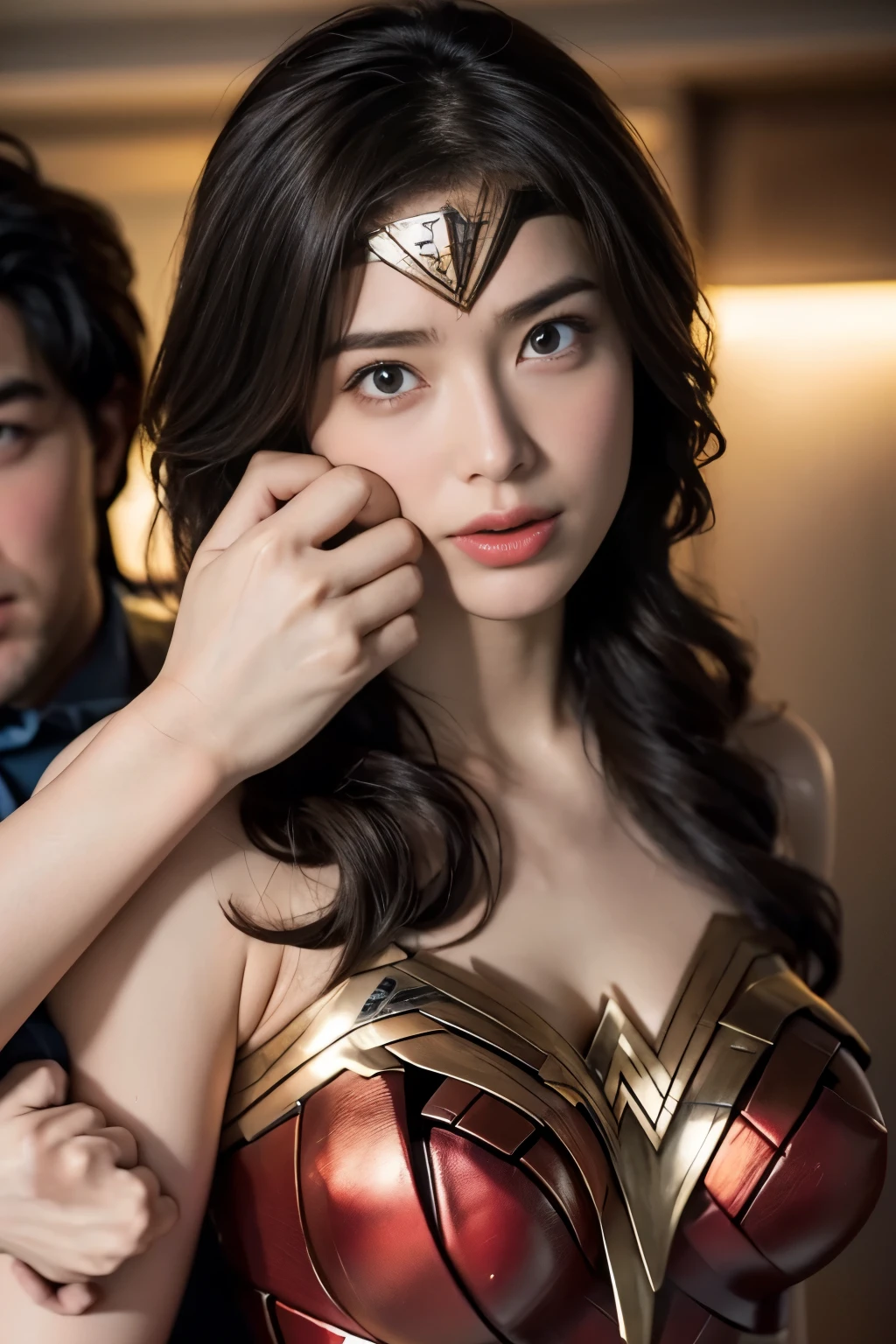 私はWonder Womanです、完璧なWonder Womanの衣装,お姫様Hugged,Hugged，Hugged，Can be lifted，Men lick my face with their tongues,The guys lick my head with their tongues,Men lick my hair with their tongues,My body is licked by men,sleeping face,Close ~ eyes,Open your mouth,Tired face,Face of Suffering,sleeping face,slap,Getting punched in the face,Conflict with men,Fight with the men,Surrounded by men,,caught between men,Being held back by men,Entanglement with males, Attacked by men,Brown Hair,  masterpiece、beautiful girl、fine 目、puffy eyes、highest quality, 超High resolution, (reality: 1.4), Cinema Lighting,so beautiful、Beautiful Skin、(超reality的な)、(High resolution)、(8k)、(Very detailed)、(beautiful and fine 目)、(Very detailed)、 Detailed face、Diagonal bangle hair、Brown Hair、20-year-old、Wonder Womanのコスプレ，Wonder Woman