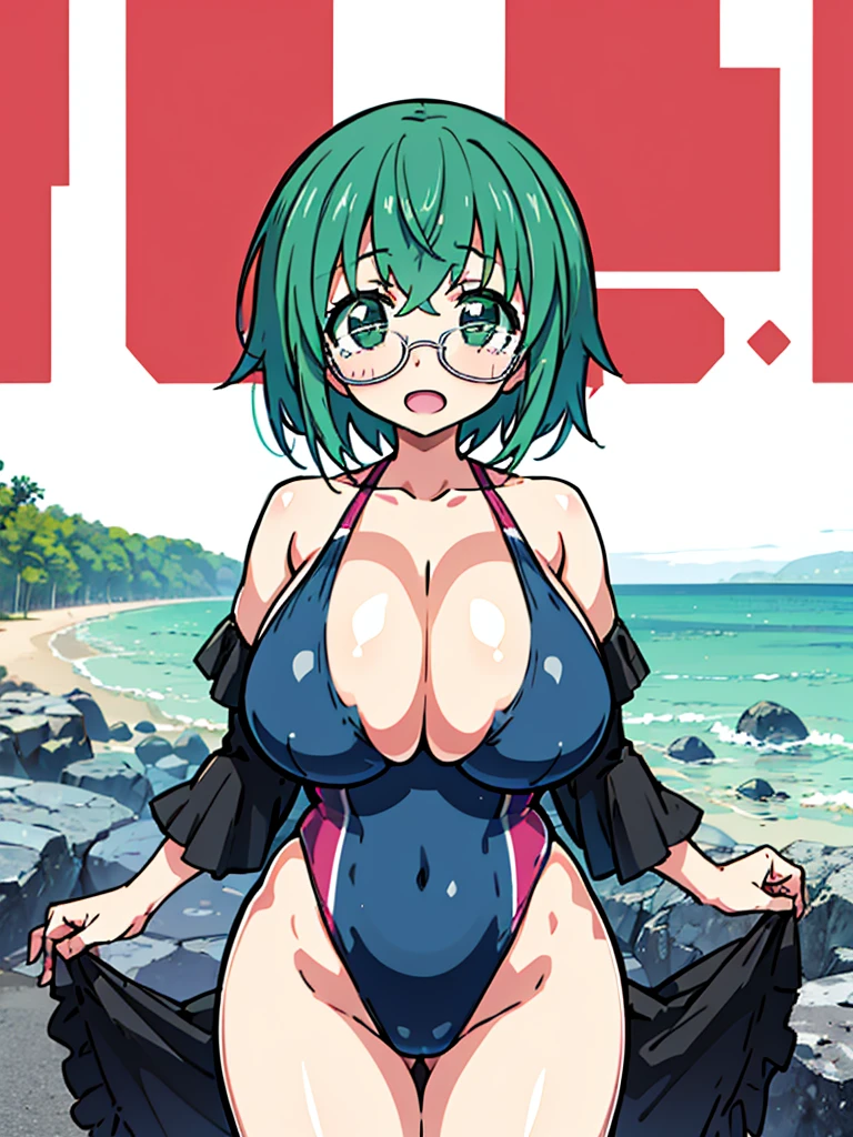 1girl, masterpiece, best quality, highres, high quality, maya yamada, short hair, (green eyes:1.3), green hair, glasses, semi-rimless eyewear, under-rim eyewear, tre anatomically correct, perfect body, tight thight, curvy, huge breasts, massive breasts, saggy breasts, Pretty face, perfect face, Reddening cheeks, ((Lewd)), heart-shaped pupil , (competition swimsuit), sea side