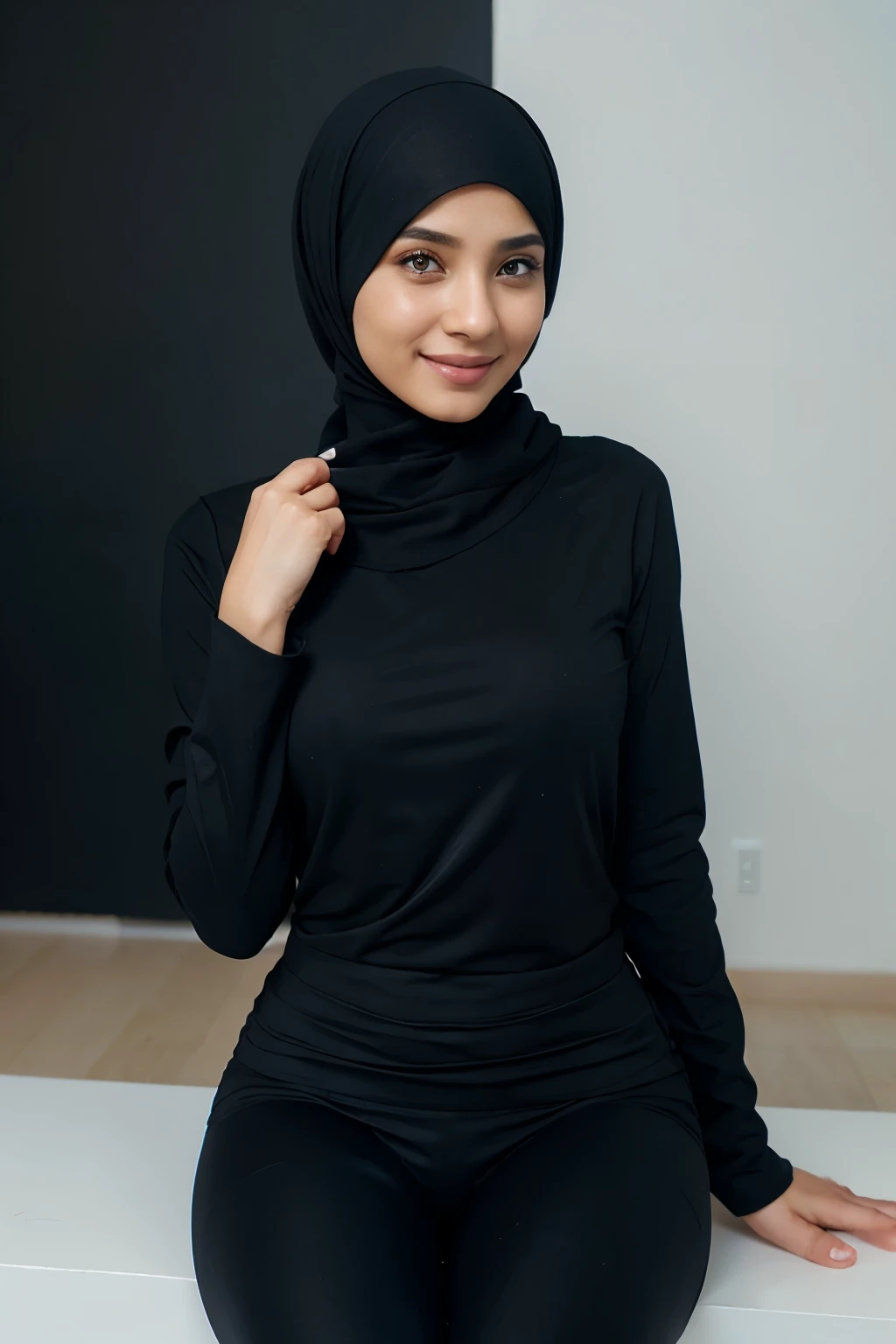 ( Close Up ),RAW, Best quality, high resolution, masterpiece: 1.3), Beautiful Malay woman in hijab,Perfect work, perfect fit body, ((Big breasts)), beautiful big eyes, Soft smile,beautiful face,mouth slightly open, thick thighs, shapely buttocks, woman wearing plaid dress and shawl standing in front of wall, long dress with apron, tartan dress, cloth style, leggings, dresses and cloth, famous clothes, 2023 style clothes, thobe dress, Smooth turtleneck, Lighting excellent, Bright colors, Clean lines