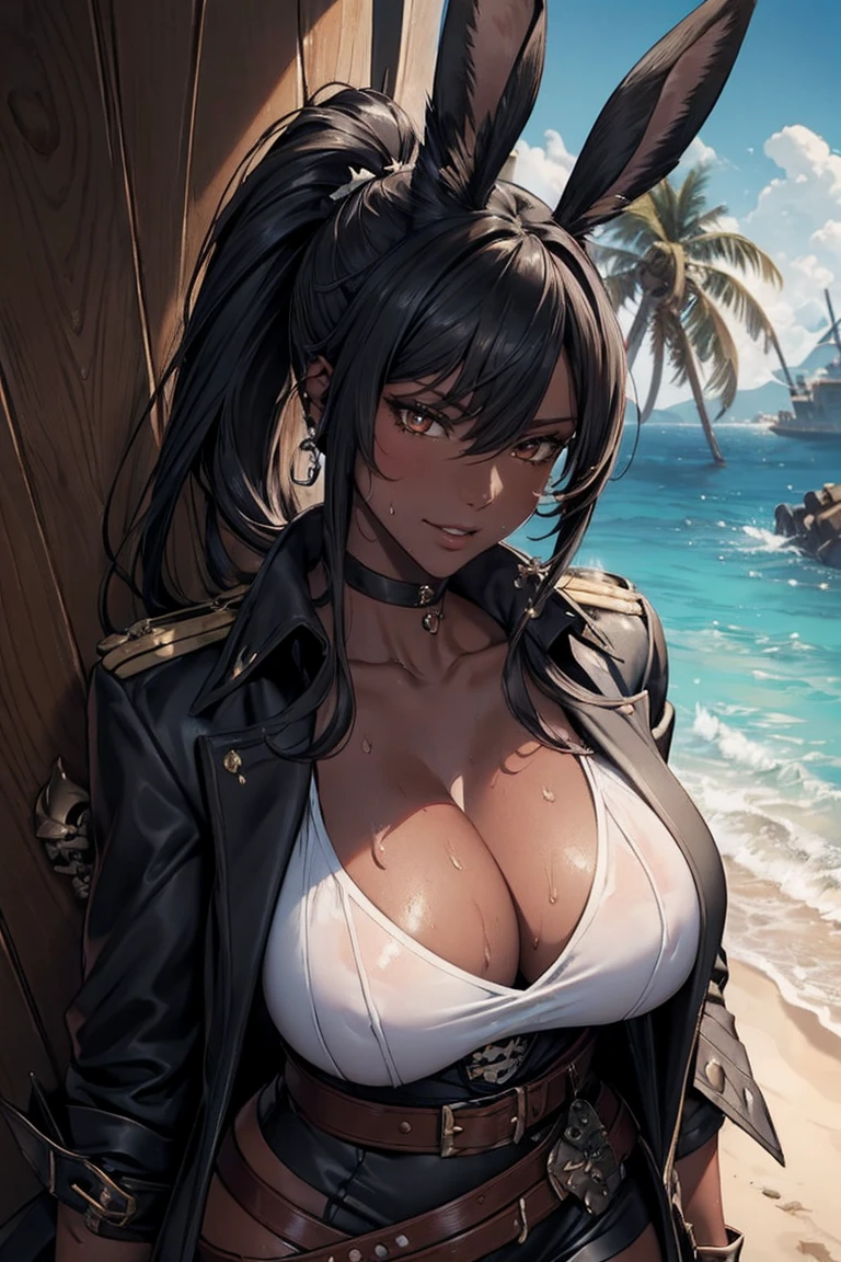 (masterpiece), best quality, highly detailed faces, (SHARP details), 4k, highly detailed, expressive eyes, SHARP detail expressive eyes, (SHARP detail perfect face), ((dark skin)), (bunny ears), (viera), ((black hair)), (choker) amber eyes, ponytail, wild tomboy hair, (large breasts), smiling, standing, (wearing pirate outfit), 20 years old, deep cleavage, ((solo)), nice hips, curvy, tall woman, ((sweat)), outdoors, island, shipwreck, white dress shirt, (black pirate coat), black coat, thighhigh boots, (pirate), ((saber)), sword, belt, pirate gun in belt, black shorts, piercings, jewelry, (female pirate captain), earrings on bunny ears, 