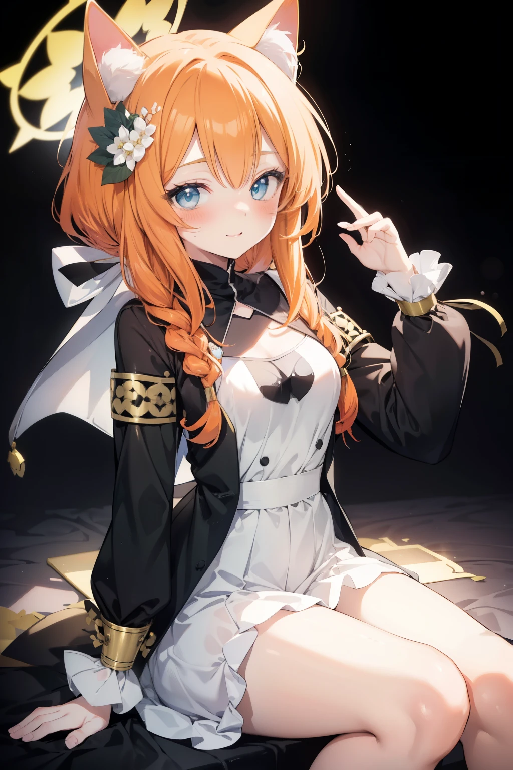 Marie Iraki、Good looking girl (blush, Perfect Face), independent , Looking at the camera, masterpiece, Anime art style, Cute Characters, Most detailed, high quality、Nico Nico Smile、Show your armpits、Cat ear、Orange Hair、Lolita、Small breasts、Sister clothes