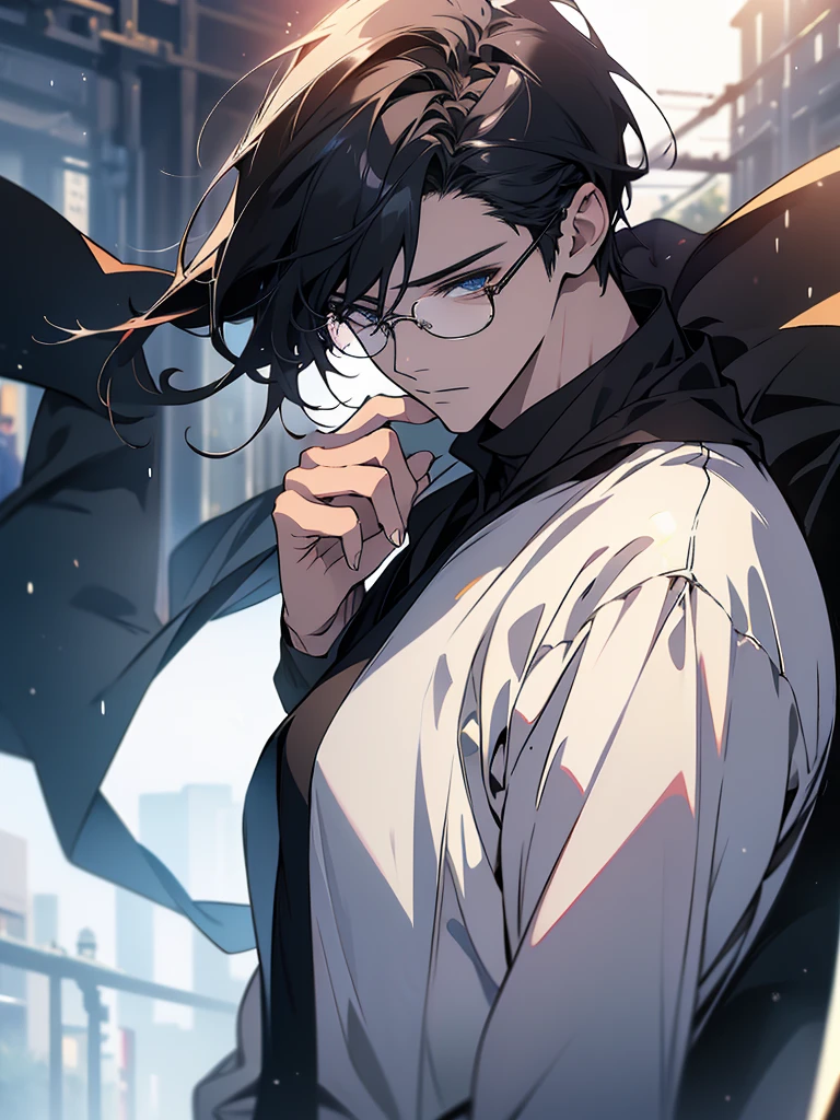(highest quality、masterpiece、High resolution、8K、detailed)、(Shining eyes)、(cool young man、good looking)、(black rim glasses)meinan、Kirasta、beautiful anime、In town、dynamic angle