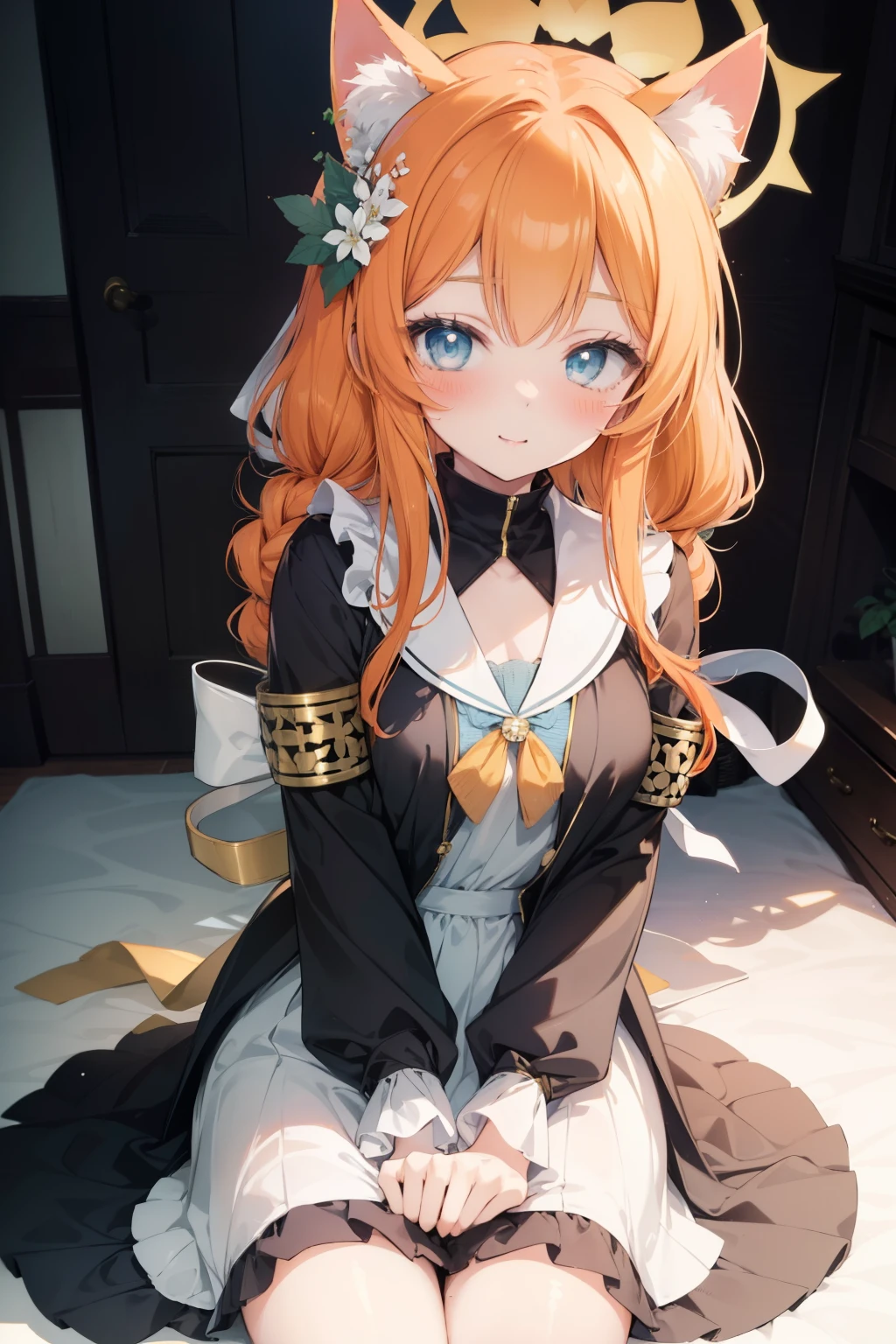 Marie Iraki、Good looking girl (blush, Perfect Face), independent , Looking at the camera, masterpiece, Anime art style, Cute Characters, Most detailed, high quality、Nico Nico Smile、Cat ear、Orange Hair、Lolita、Small breasts、Sister clothes