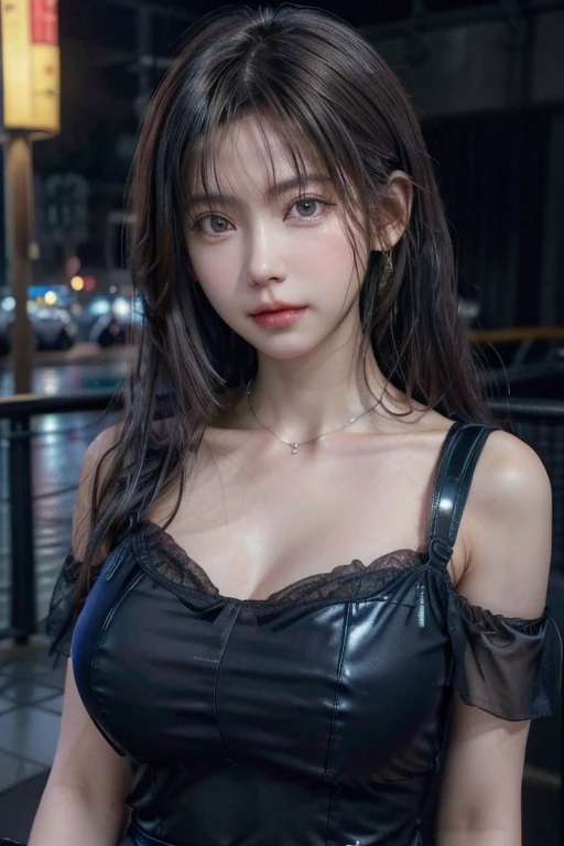(Huge breasts 、A see-through off-the-shoulder Chinese dress made of dark blue latex material、(The chest area is highly transparent)、Shoulder bag)、(highest quality,masterpiece:1.3,超A high resolution,),(Very detailed,Caustics),(Realistic:1.4,RAW shooting,)Ultra-Realistic Capture,Very detailed,High resolution 16K suitable for human skin、 Natural skin texture、、Skin tone is even and healthy looking、 Use natural light and color,One Woman,Japanese,,cute,Gray curly hair,Middle Hair,(Written boundary depth、chromatic aberration、、Wide range of lighting、Natural Shading、)、(Hair swaying in the wind:1.2)、Tokyo cityscape、Big earrings、Necklace around the neck