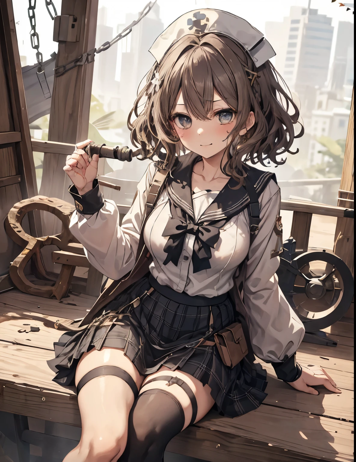 masterpiece, 1girl, sparrow, a black haired girl, wearing a sailor clothes, curly short hair, messy hair, slim body, he close her left eye, shirt ornament, ruby eyes, ahoge, baby face, bige breast, beautiful breasts, rounded breasts, long sleeves, beautiful eyes, white stocking, droopy eyes, skirt, black skirt, plaid skirt, her age is 19 years old, ricefield, bowtie, sailor collar, flared skirt, tight shirt, skirt, nagisa_bluearchive, lovely face, medium hair, angry smile, curly hair, nurse cap, sit 