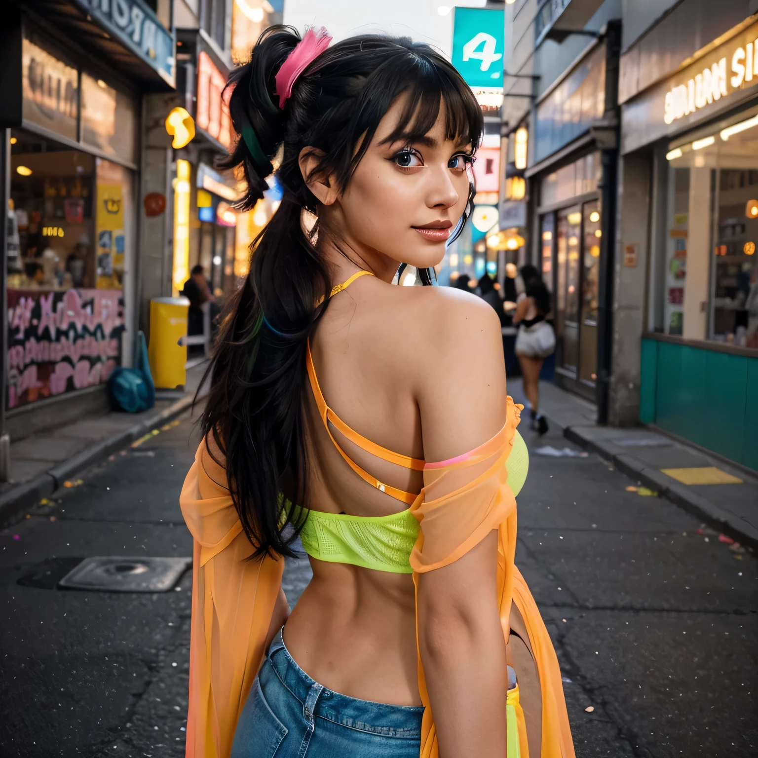 A beautiful hyperreal woman who represents Sailor Moon. Black hair, very big breasts, giant butt, tiny waist. Her face has Japanese anime features. Pigtails: she has long black hair that reaches approximately the middle of his back. Her distinctive hairstyle consists of two high, voluminous pigtails that extend up and out from the top of her head. Bows: At the base of each ponytail, she wears a large bow that keeps her hair in place. Bangs: She has short, blunt bangs that frame her face and curve to the sides. She wears ultra-short, form-fitting denim shorts that hug her curves provocatively, daringly defying convention. Paired with these rebellious shorts, her ensemble explodes with vibrant neon hues that electrify the scene. Her top is a cropped tank in fluorescent pink, the fabric shimmering with iridescent sequins that catch the light and dazzle the eye. Over her shoulders drapes a sheer neon green mesh kimono, its billowing sleeves trailing behind her like ethereal wings. Accessorizing with bold statement pieces, she wears oversized hoop earrings in neon yellow, swinging with every confident step she takes. Her wrists are adorned with stacks of neon bangles, each one a riot of color against her sun-kissed skin. Her hair is styled in wild, tousled waves, streaked with neon highlights that glow under the bright studio lights. Her makeup is a masterpiece of avant-garde artistry, with eyes painted in bold strokes of neon blue and green, accentuated by feathery lashes and iridescent glitter. Her lips are coated in a luscious shade of neon orange, drawing attention to her infectious smile. In this professional photoshoot set, she struts confidently along the cobblestone path, the neon colors of her outfit popping against the neutral backdrop. With each pose, she exudes an aura of fearless self-expression, a vision of rebellious glamour that captivates the lens and commands attention.